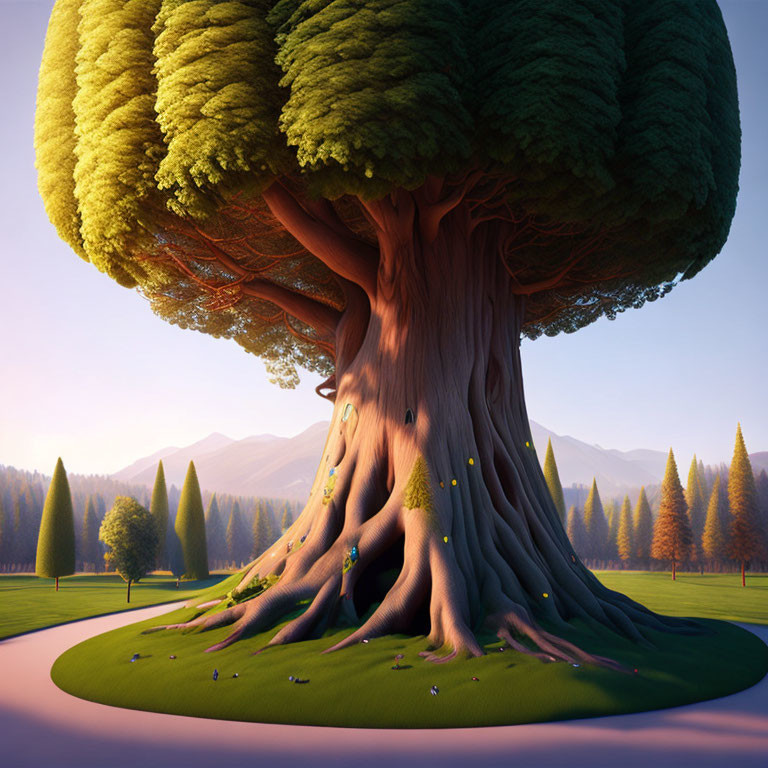 Oversized whimsical tree in serene landscape at dawn or dusk