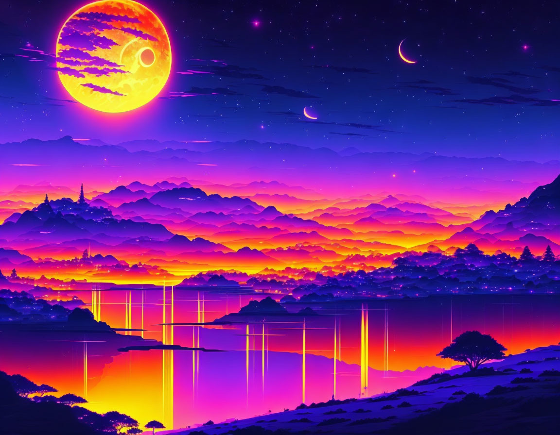 Surreal landscape with layered mountains and moon in purple sky