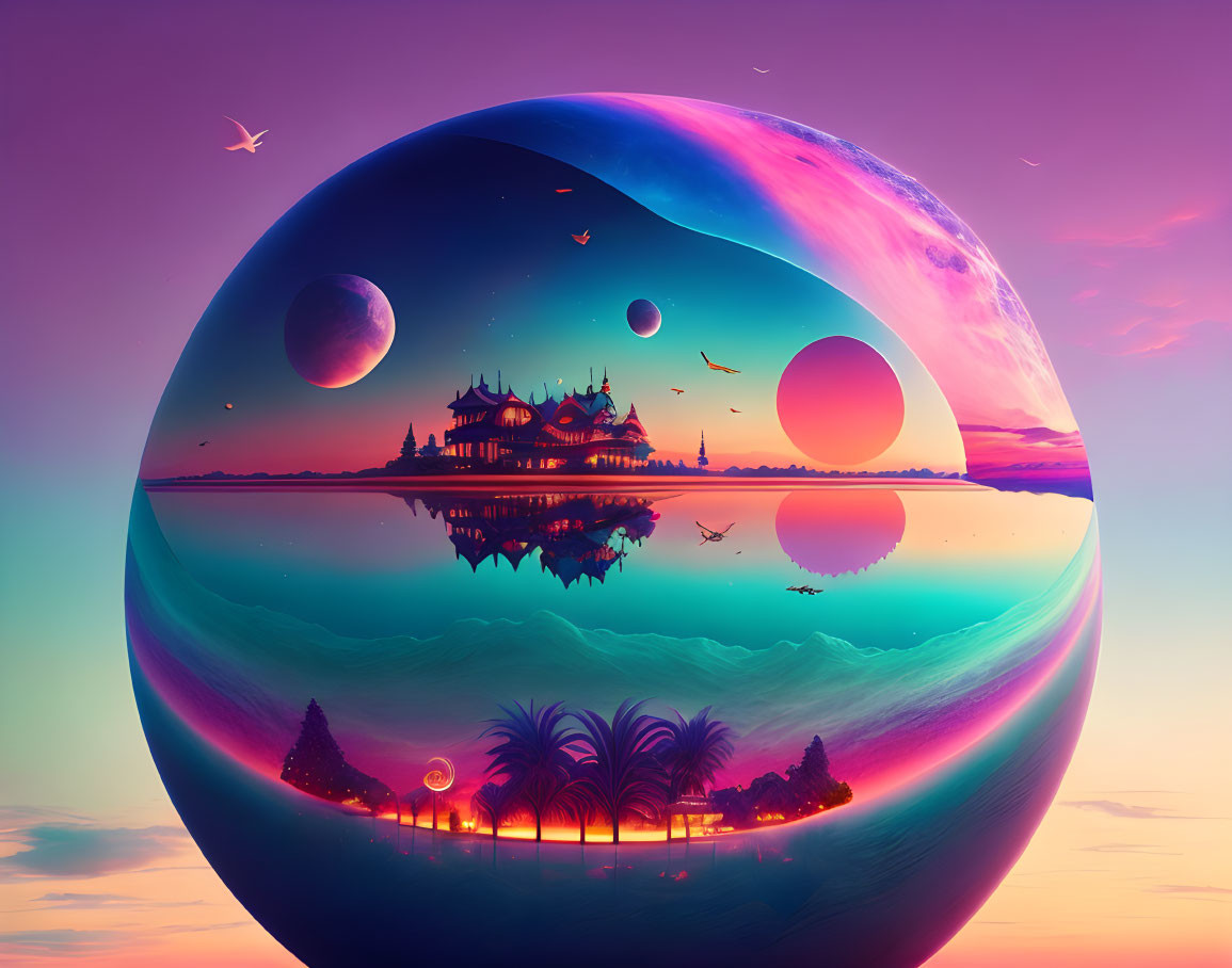 Vibrant gradient sky over surreal landscape with floating sphere