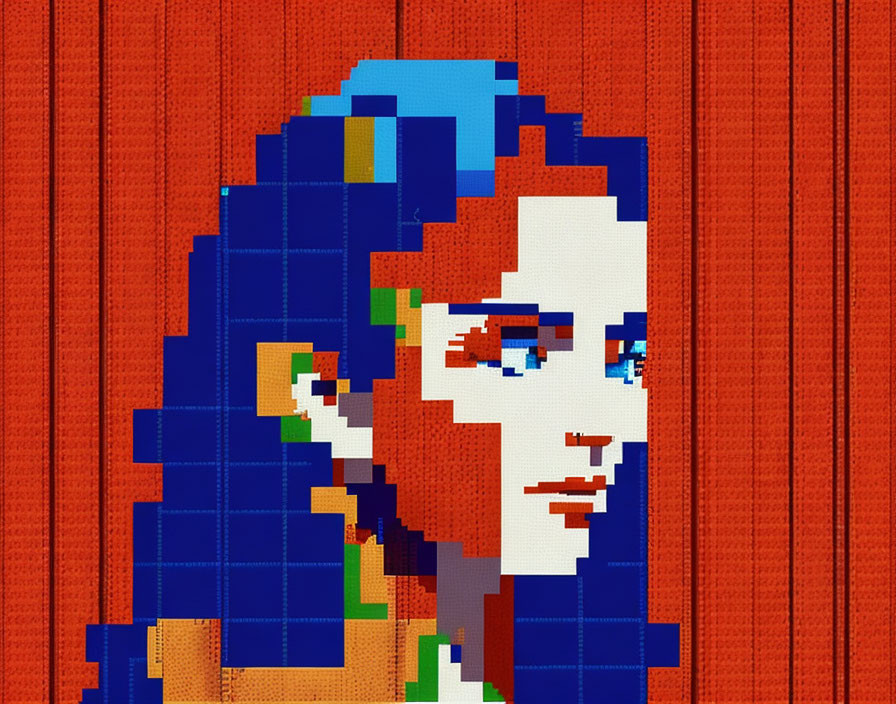 Pixelated Woman Profile Artwork with Colorful Blocks on Red Background