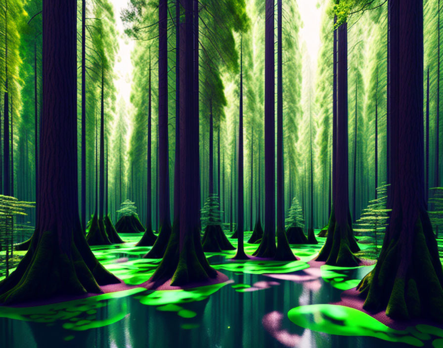 Tranquil forest scene with towering trees and green waterbody.