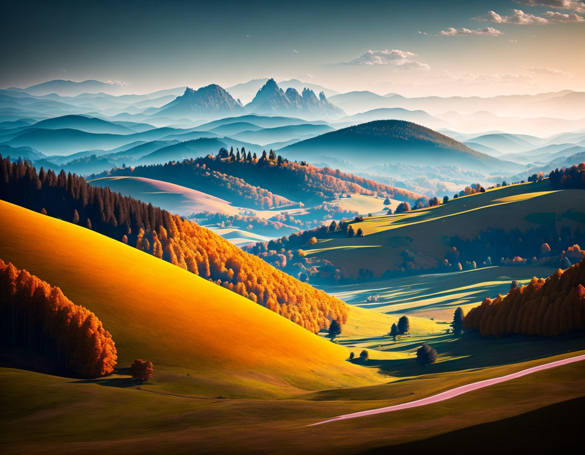 Autumn landscape: rolling hills, sunset, shadowed mountains