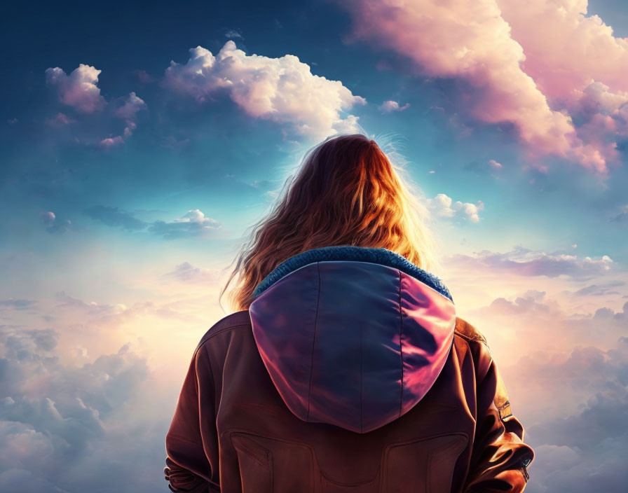 Person with Wavy Hair Facing Dramatic Sky at Sunset or Sunrise