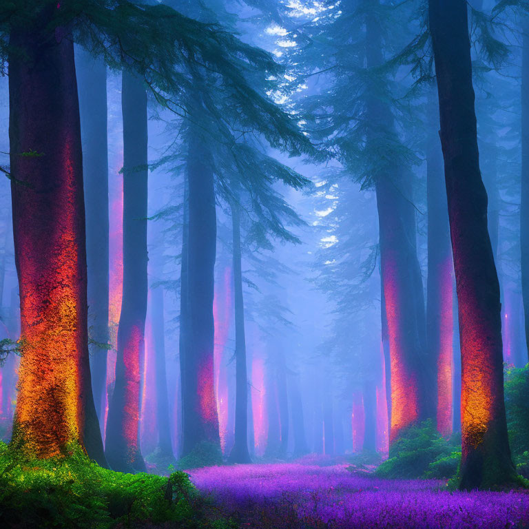 Mystical Forest with Tall Trees and Purple Haze