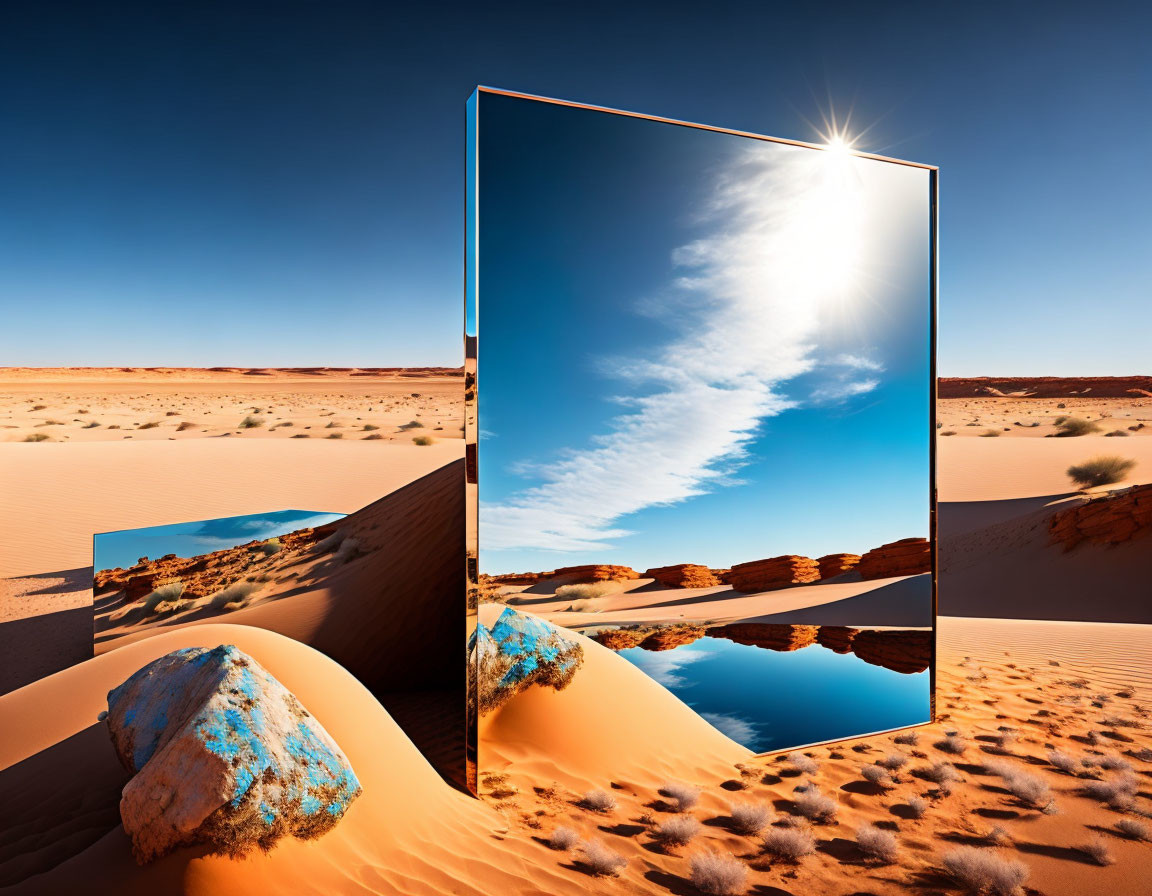 Desert landscape with large mirror reflecting blue sky and clouds