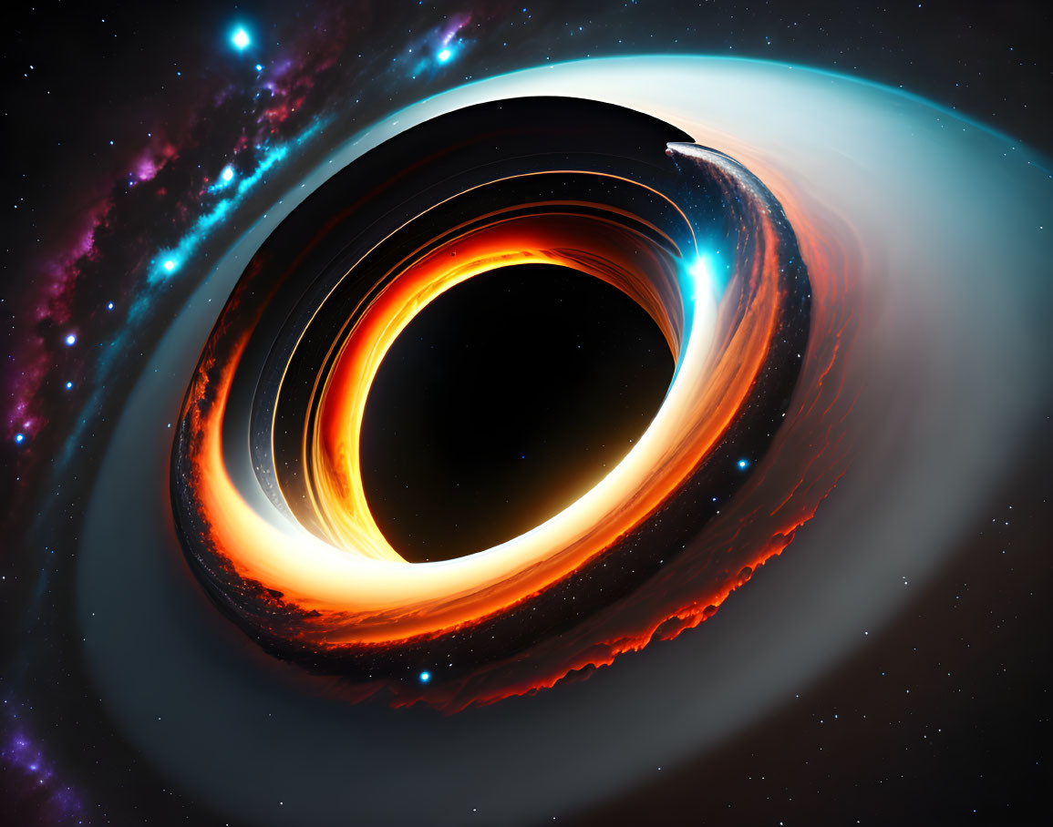 Detailed depiction of black hole's gravitational pull distorting space with fiery accretion disk and cosmic background