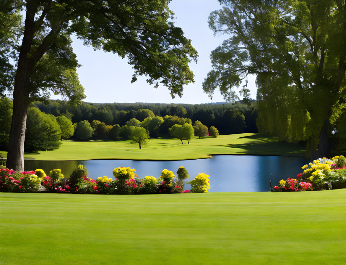 Tranquil golf course with lake, flowers, trees, and green under blue sky