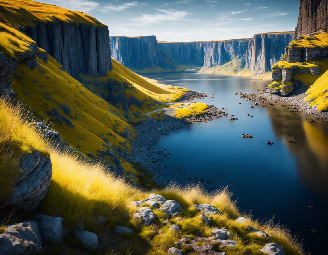 Majestic canyon with serene river and steep cliffs