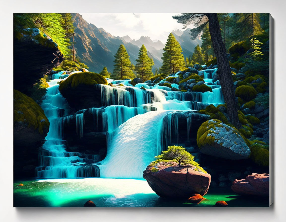 Serene waterfall canvas print with lush green forest and moss-covered rocks