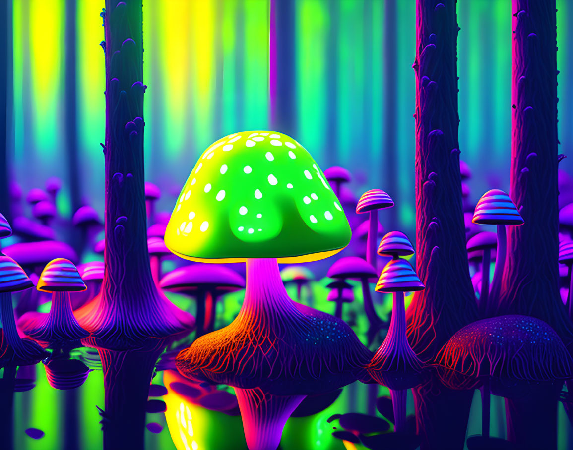 Colorful psychedelic mushroom forest with glowing fungi in neon-lit trees