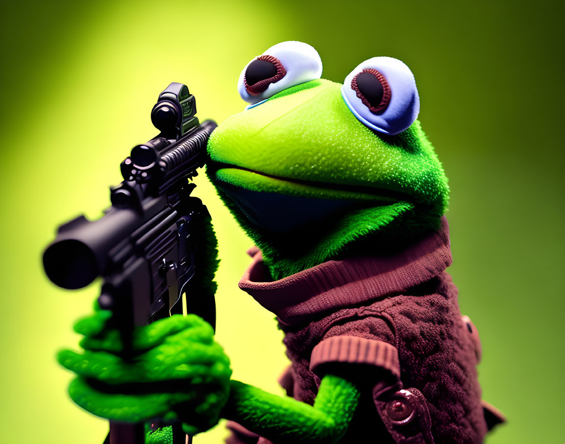 Frog puppet in brown jumper with black rifle on green backdrop