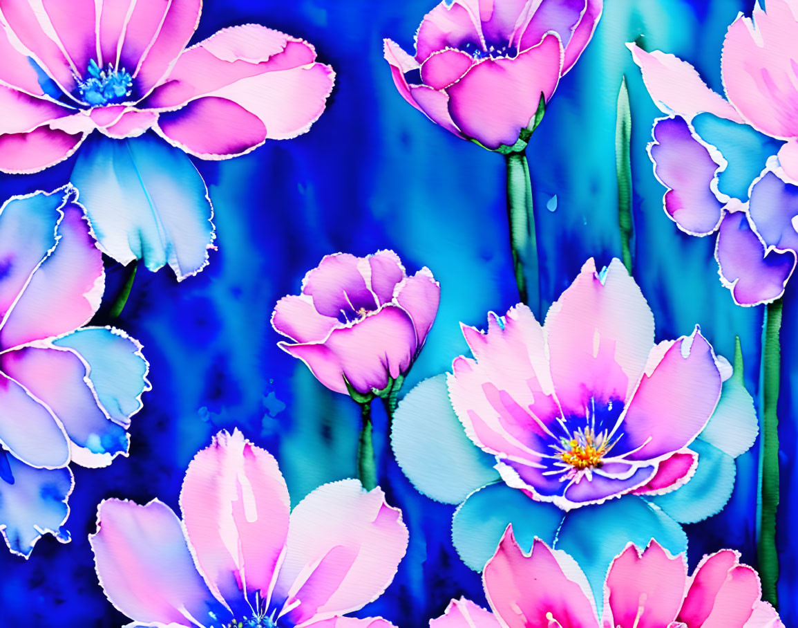 Colorful Watercolor Painting of Pink and Blue Flowers on Textured Blue Background