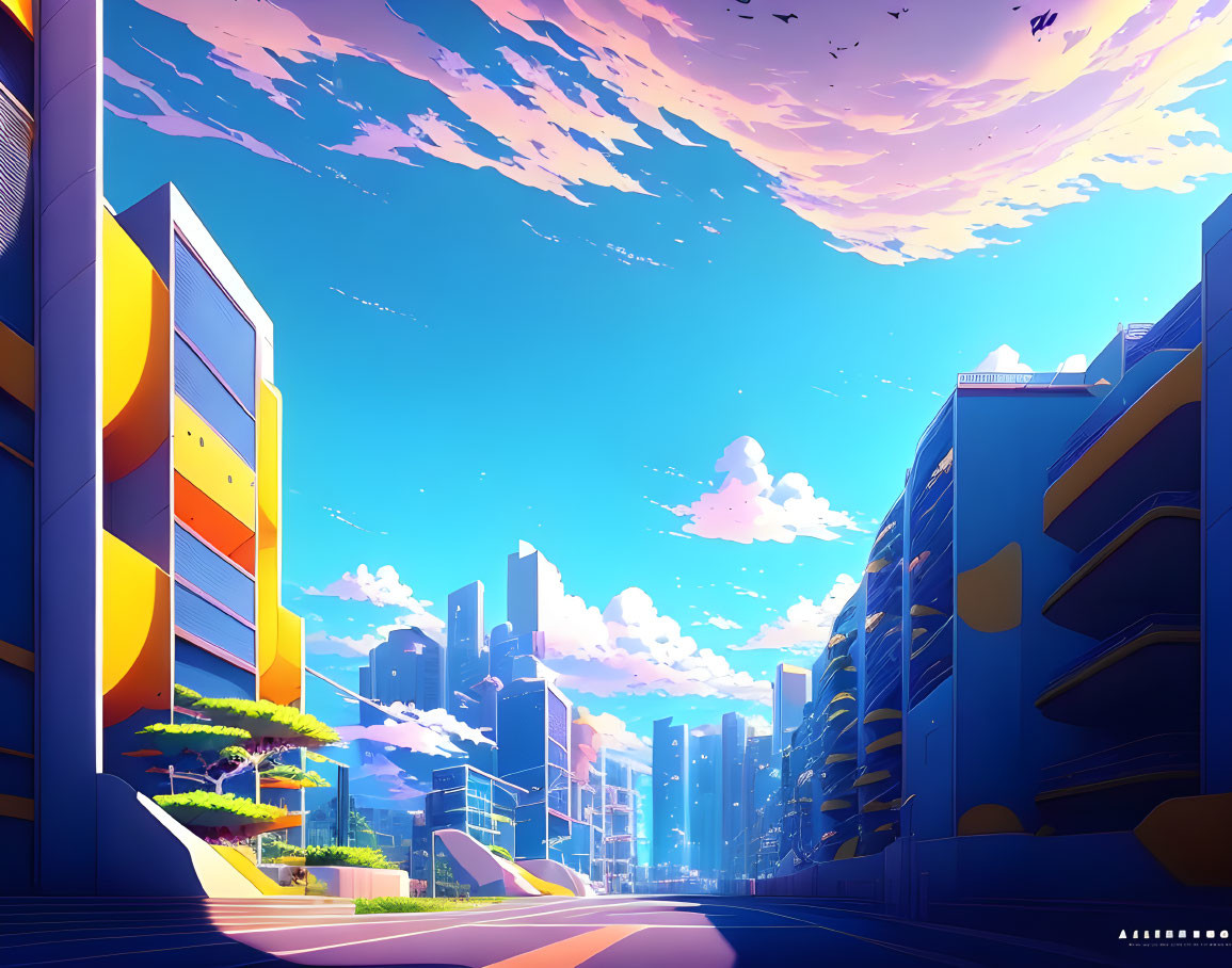 Futuristic cityscape with skyscrapers, blue skies, cotton candy clouds, sunset glow,