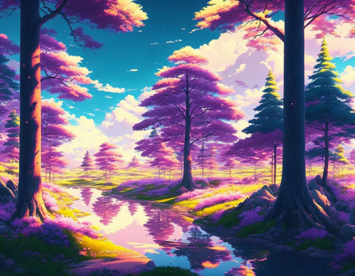 Colorful landscape with pink clouds, serene river, and lush purple trees