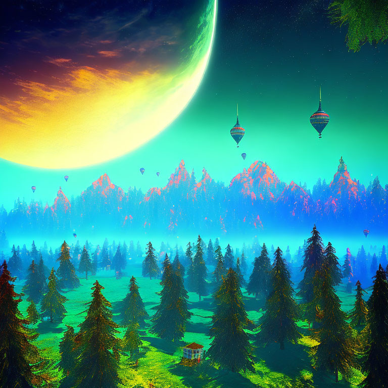 Surreal landscape with forest, crescent planet, hot air balloons, and glowing horizon