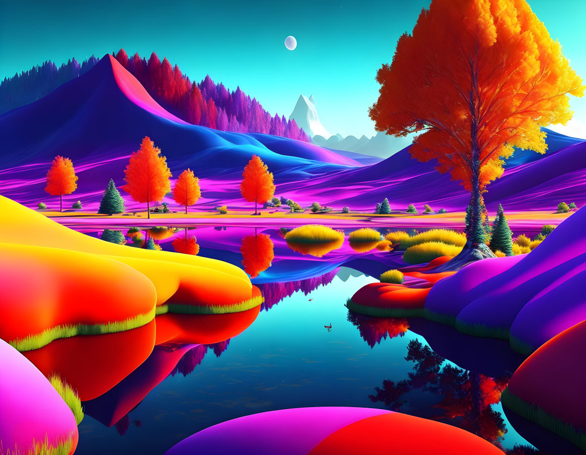 Colorful Digital Landscape with Purple Mountains and Crescent Moon