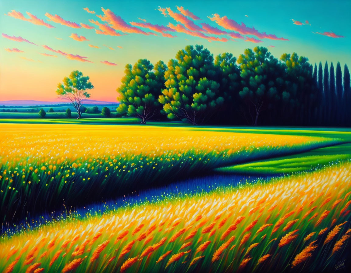 Colorful painting of golden wheat field at sunset with green trees and pink sky.