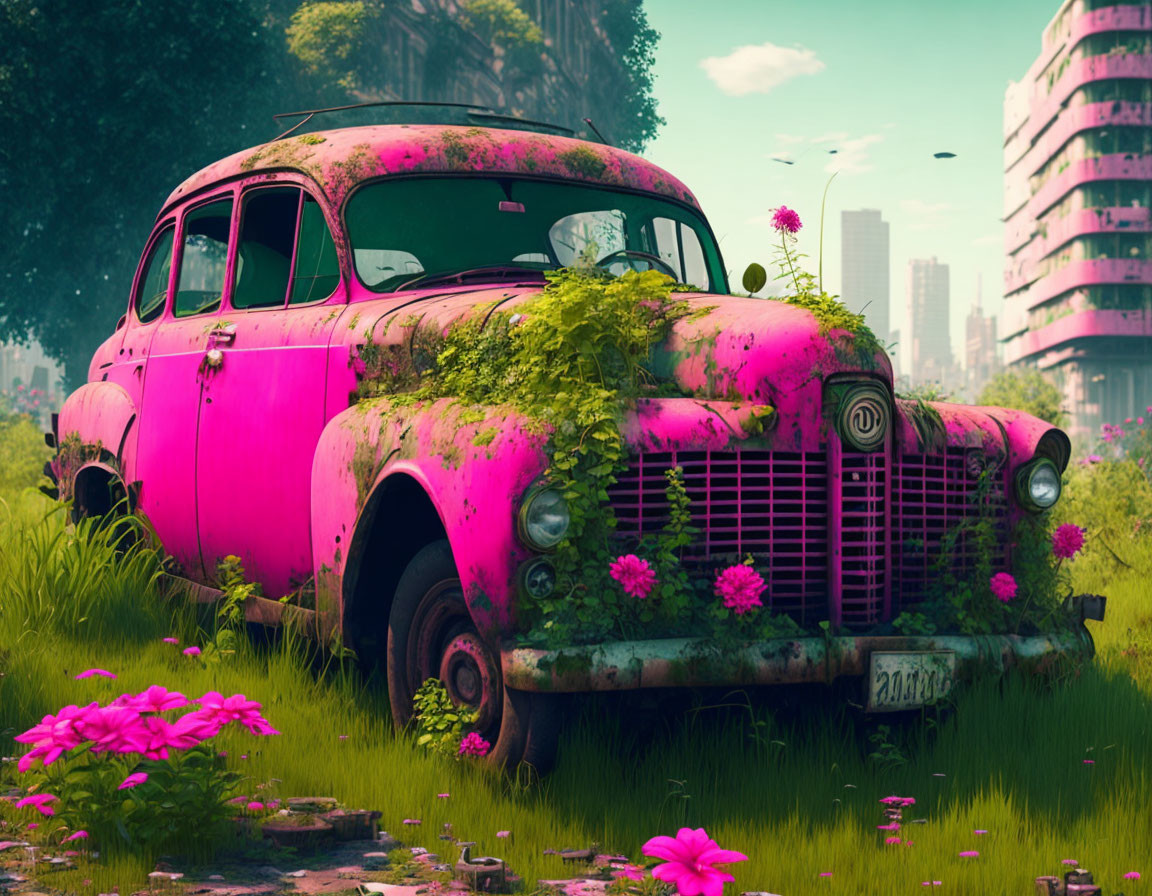 Abandoned pink car reclaimed by nature among derelict buildings