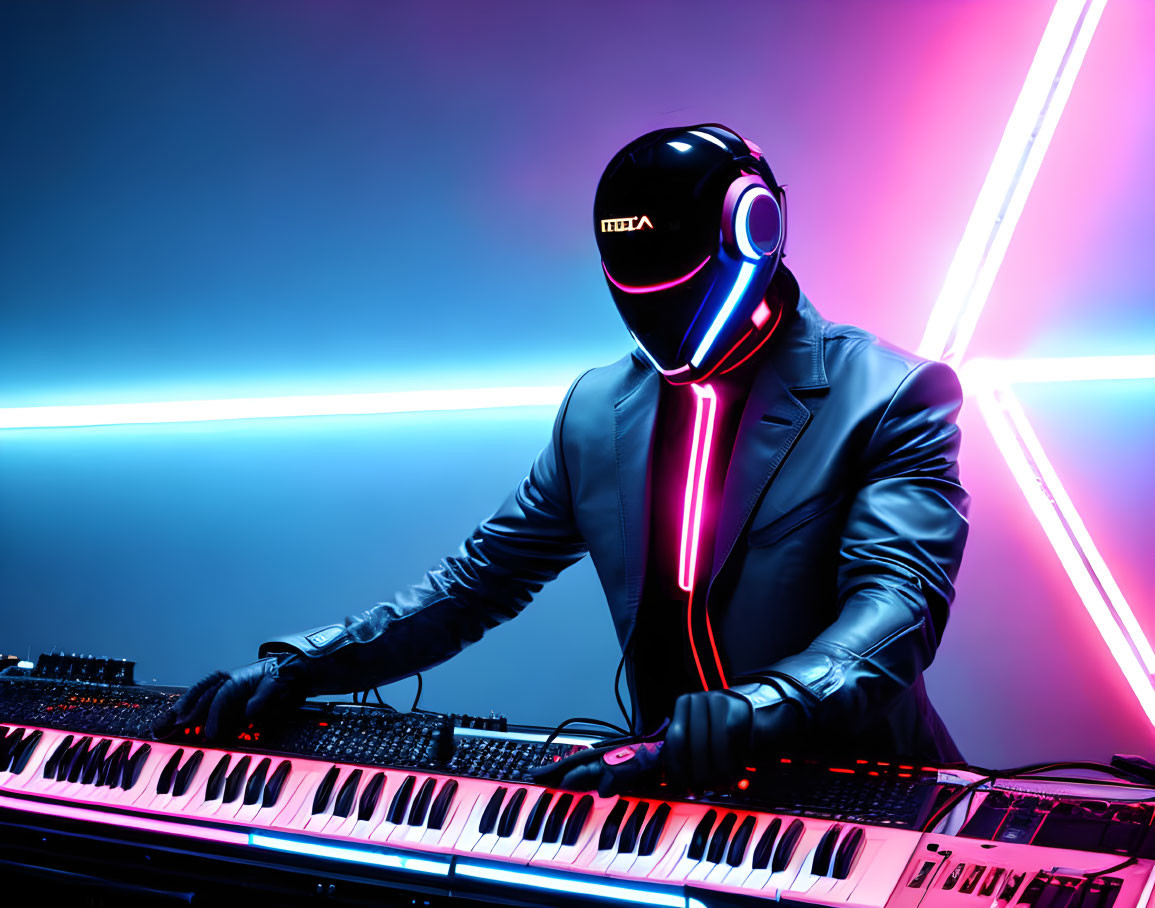 Futuristic DJ in Neon Helmet Plays Keyboard under Pink and Blue Lights