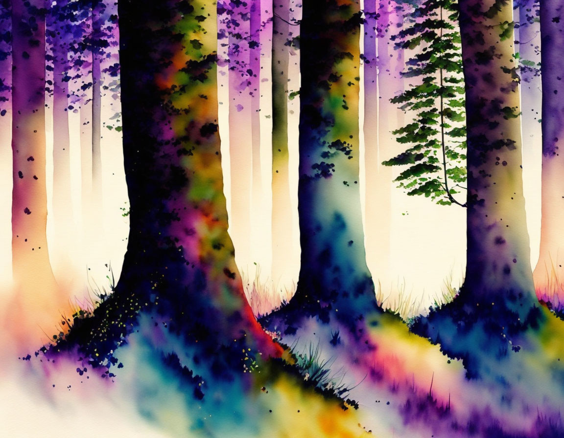 Colorful Watercolor Painting of Forest Foliage