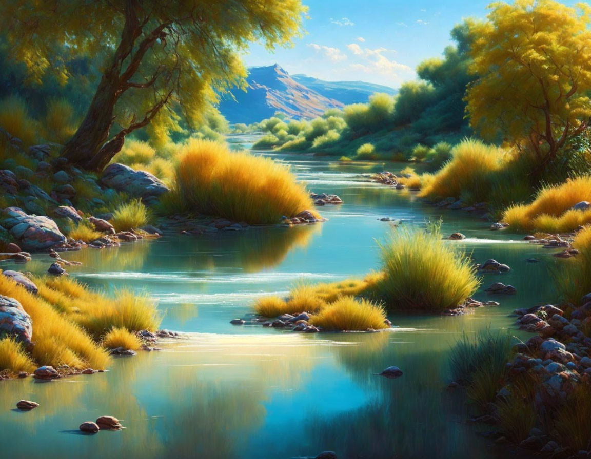 Tranquil River in Vibrant Landscape with Trees and Rocks