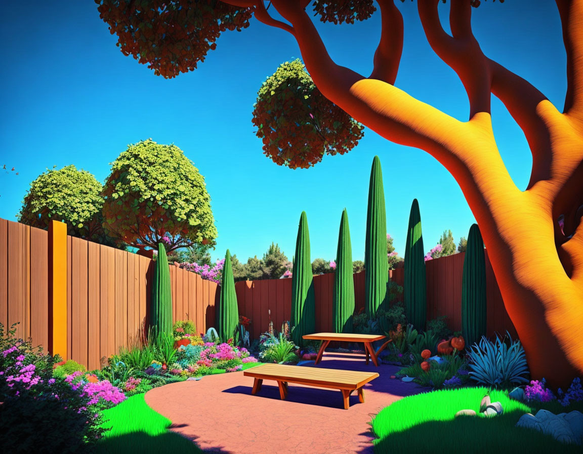 Colorful Flower Garden with Winding Path, Cypresses, Orange Tree, and Picnic Table