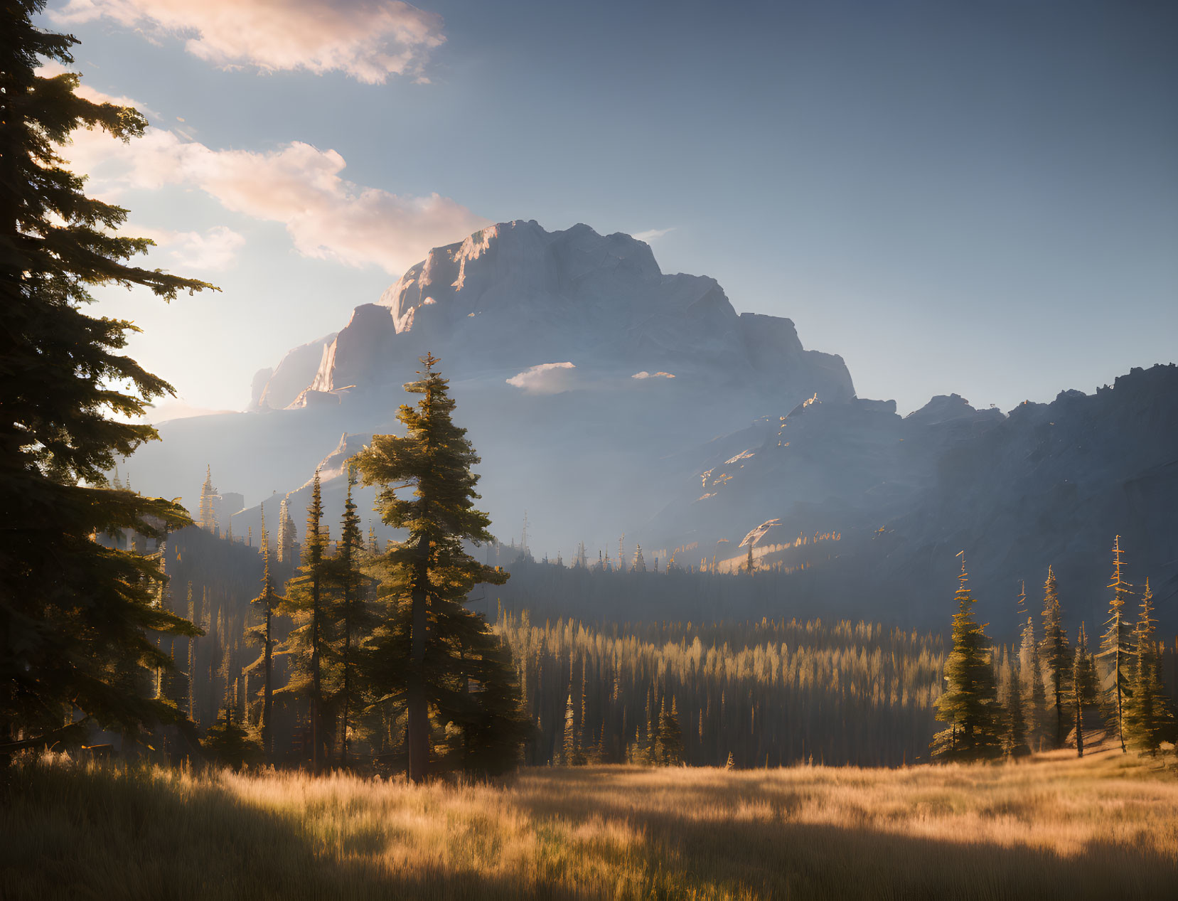 Mountain landscape with sunlit trees and warm glowing light.