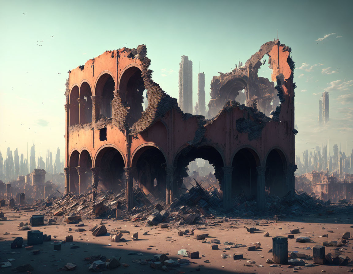 Ruined Classical Buildings and Arches in Post-Apocalyptic Cityscape