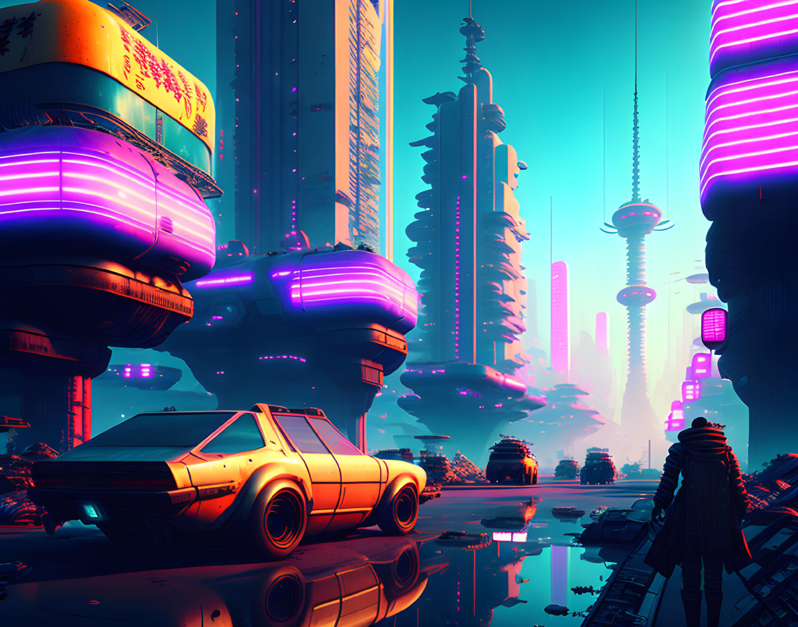 Futuristic cityscape at dusk with neon lights, skyscrapers, car, and reflective surfaces