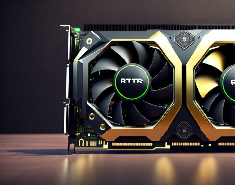 Close-up of modern graphics card with dual fans and green "RTTR" logo on one fan