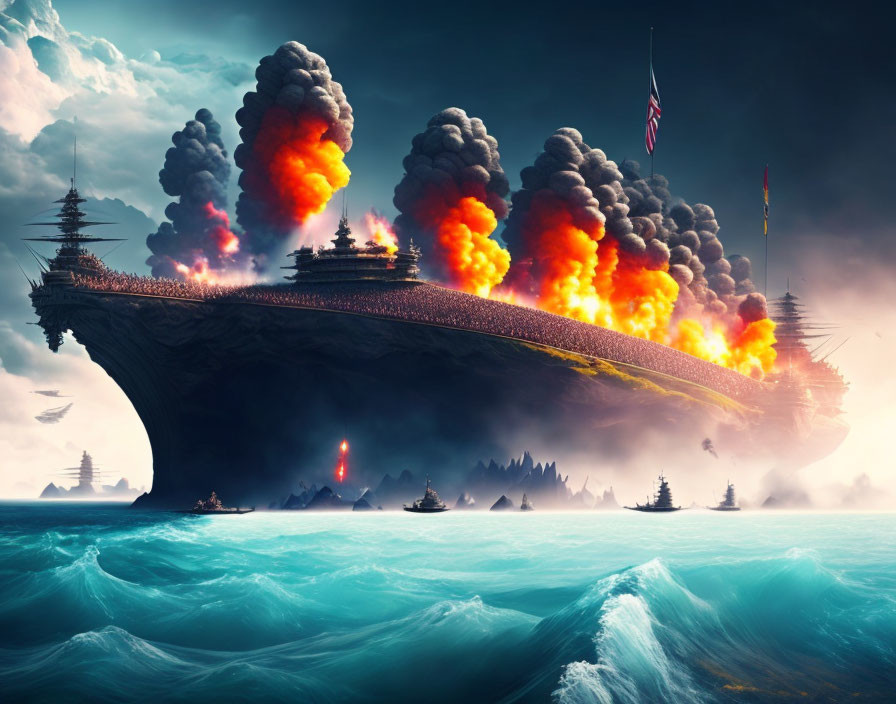 Fantastical ship structure engulfed in fire and smoke over turbulent ocean