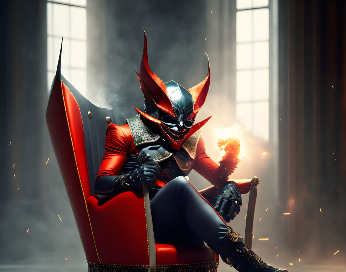 Red and Black Superhero with Horns on Throne with Glowing Orb in Hand