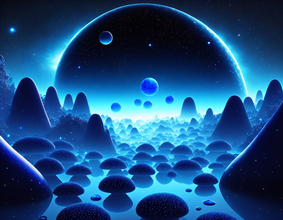 Sci-fi landscape with glowing blue terrain, moons, and stars