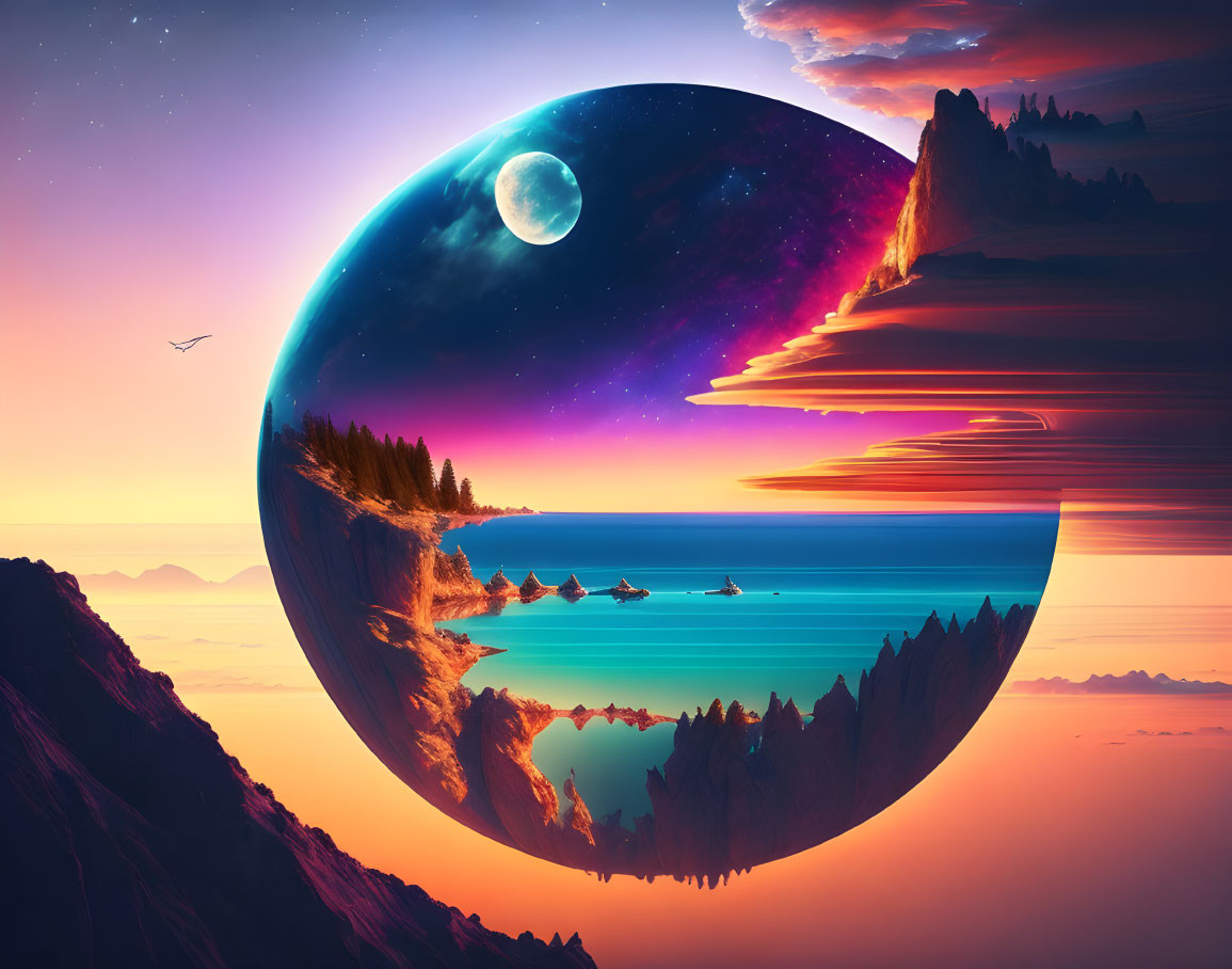 Surreal landscape with large planet, moon, colorful sky, calm waters, mountains, and flying