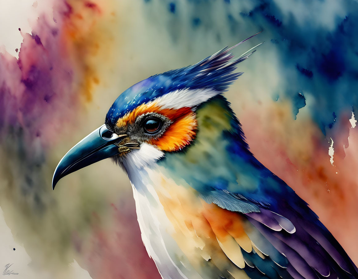 Vibrant bird painting with blue, orange, and white hues on abstract backdrop