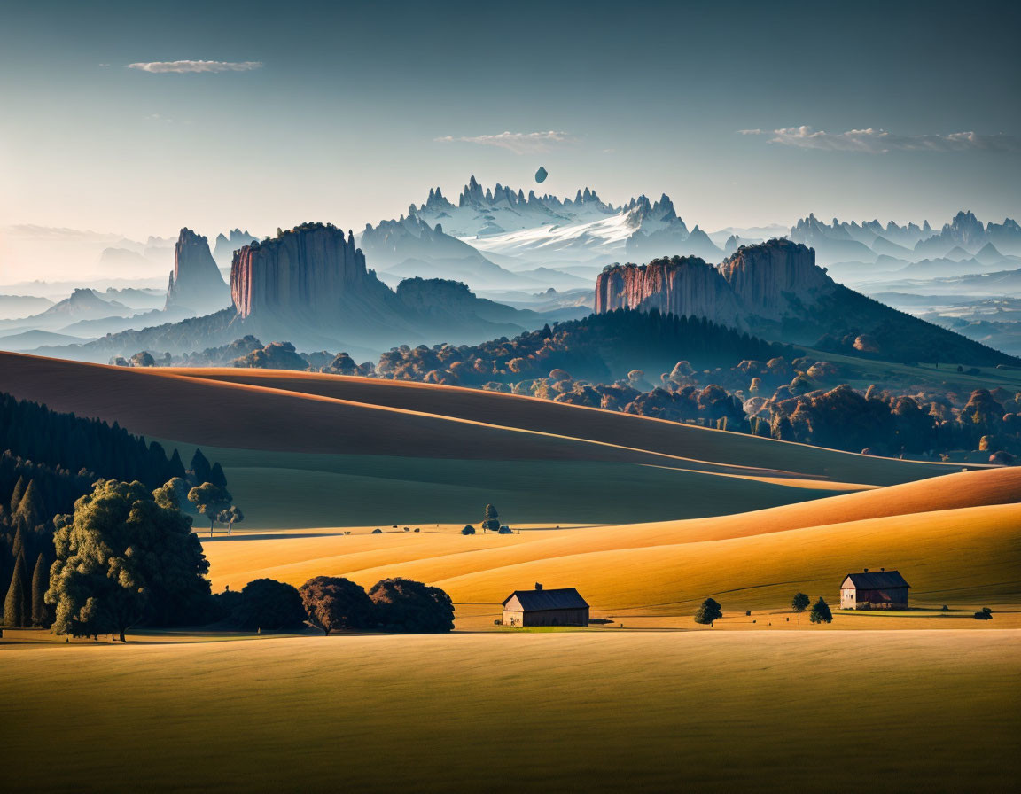 Green and golden rolling hills with two houses and misty mountains under a serene sky.