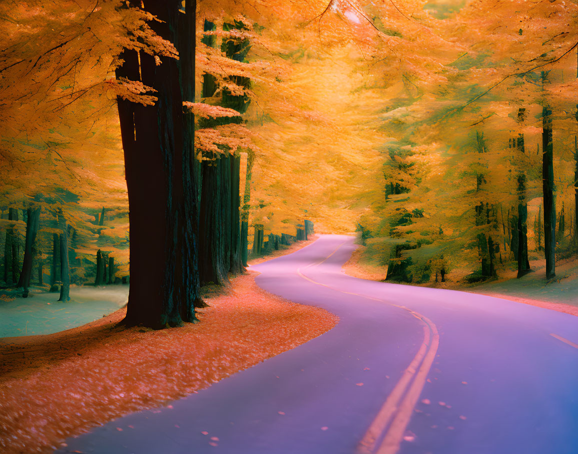 Scenic forest road with vibrant autumn foliage and mist