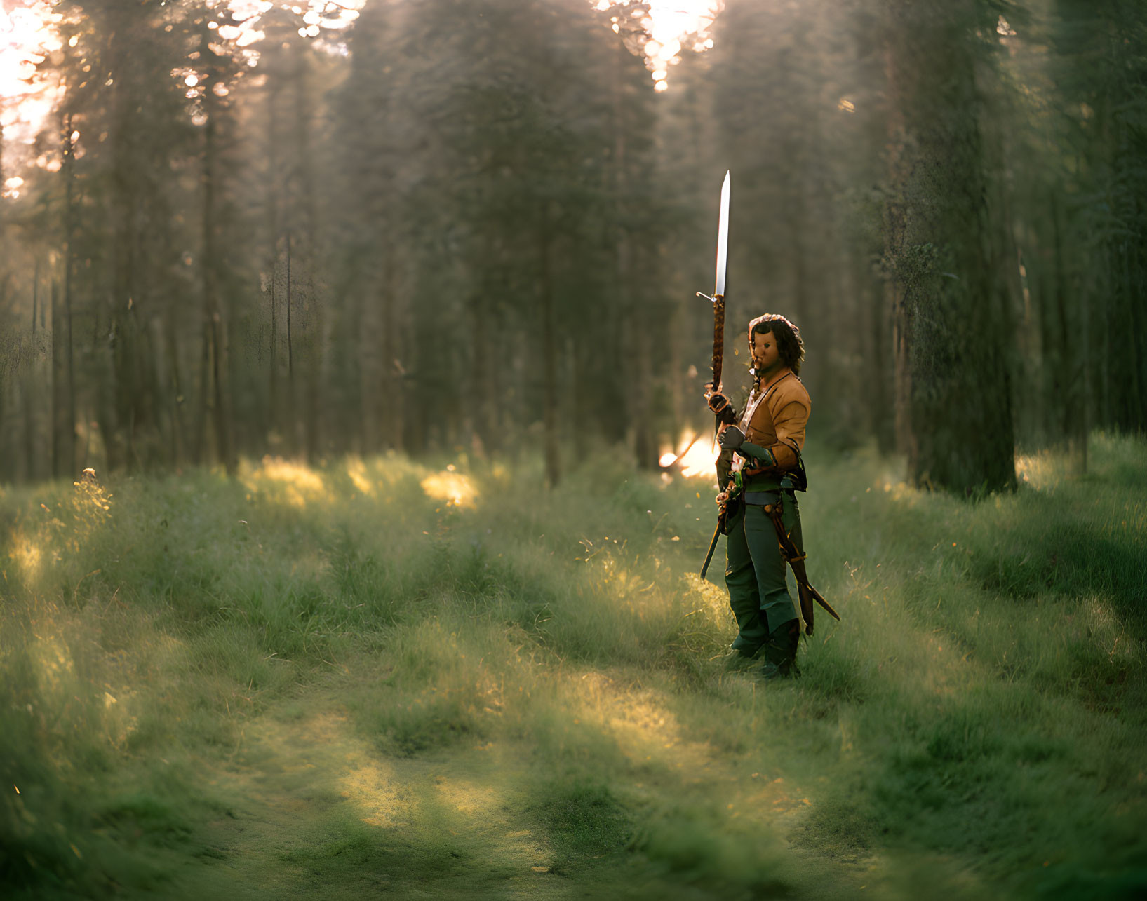 Historical figure with sword in forest under mystical sunlight