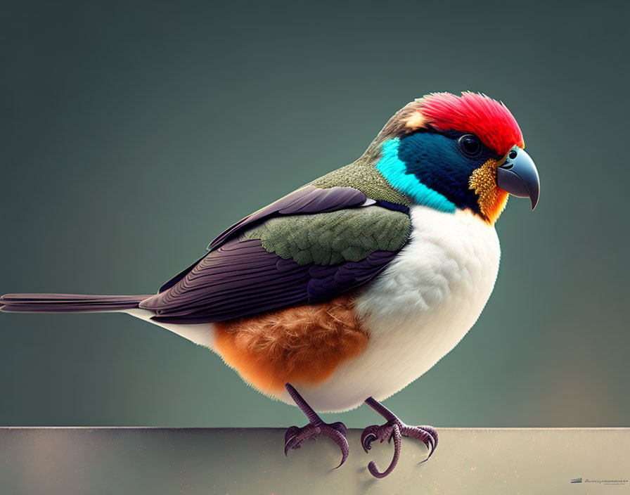 Vibrant bird with red, blue, white, and brown feathers perched on branch