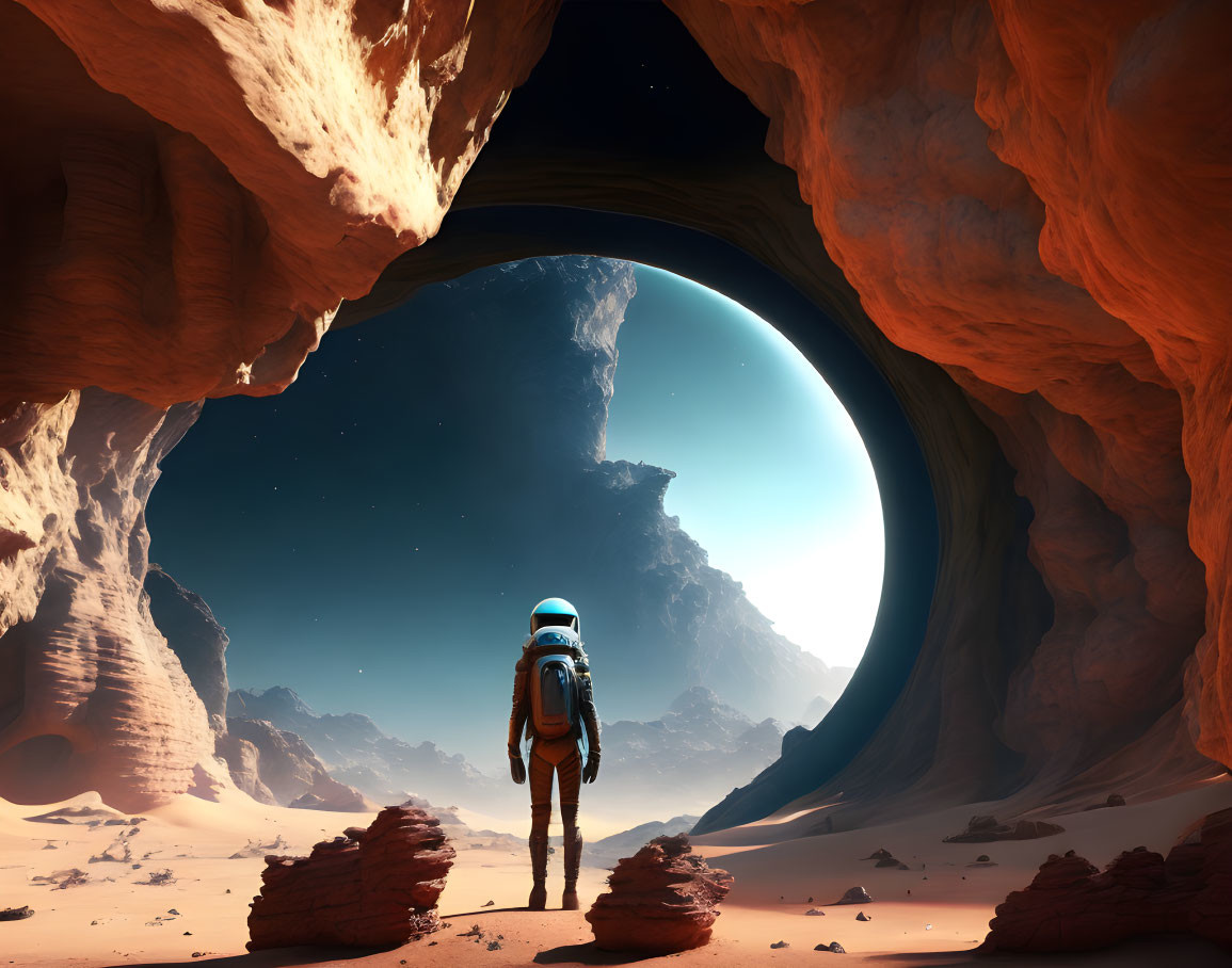 Astronaut at cave entrance views distant planet in alien desert landscape