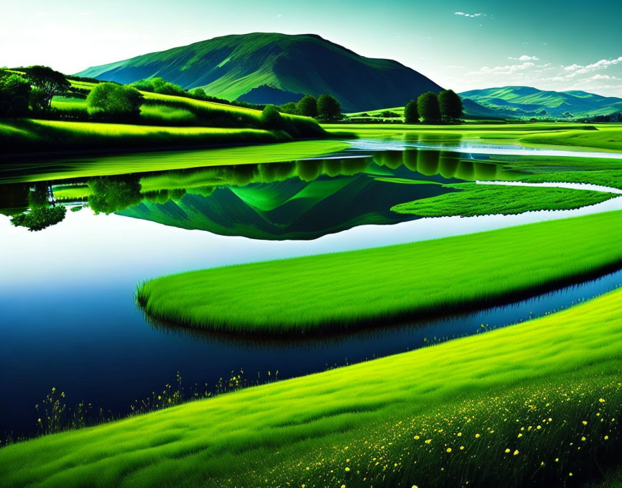 Tranquil lake with lush green hills and wildflowers