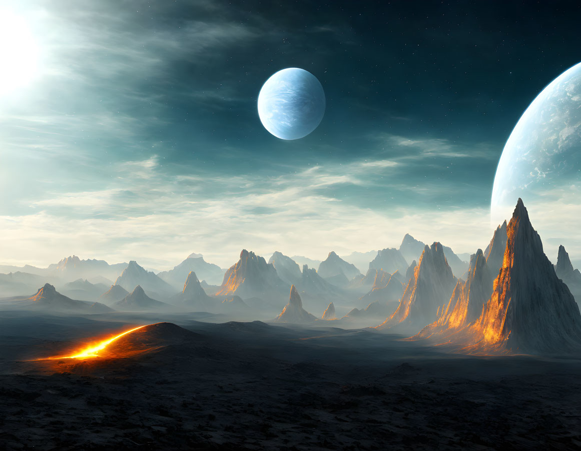 Alien rocky landscape with sharp mountains and starry sky.