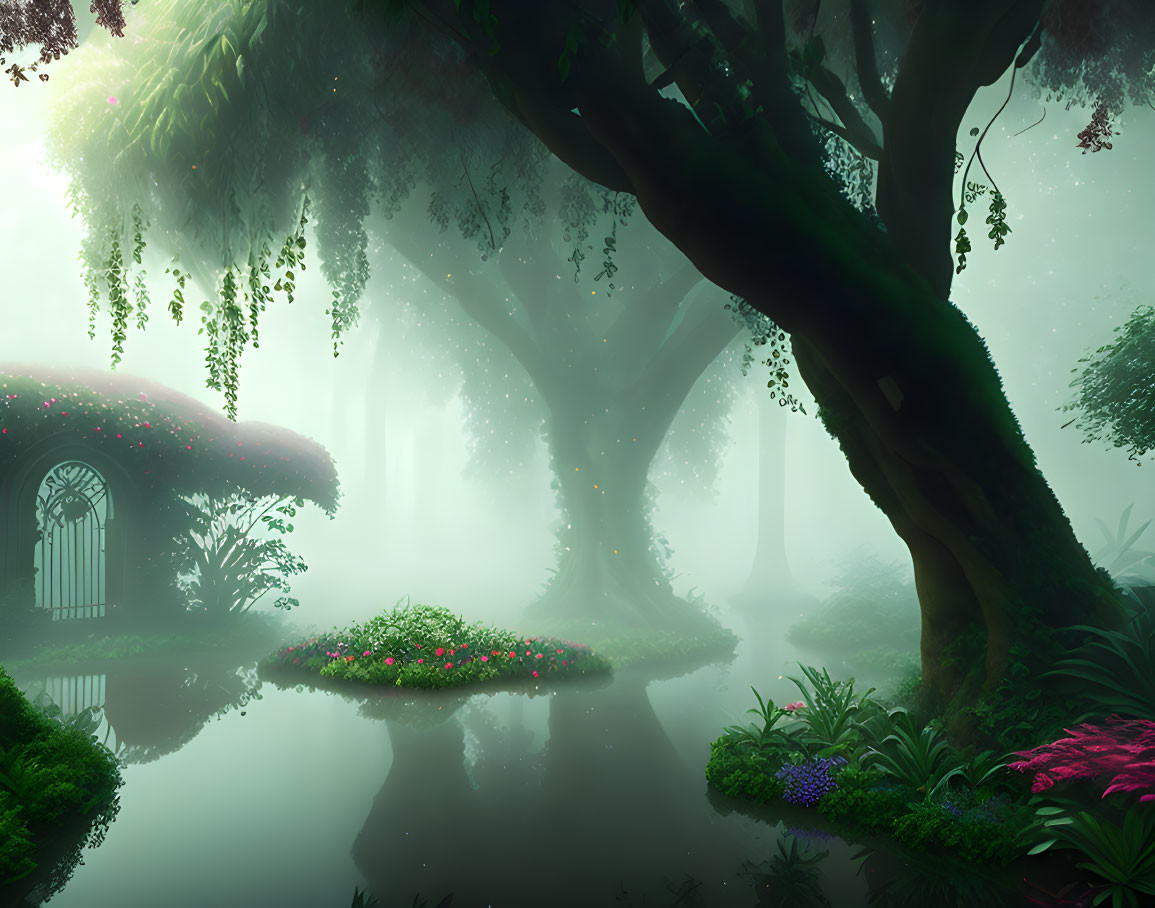 Mist-covered forest with serene pond and whimsical round door