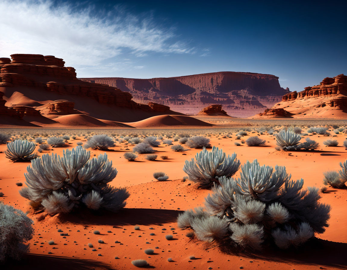 Desert landscape with mesa, sand dunes, and silvery shrubs