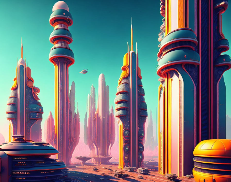 Futuristic cityscape with tall, sleek buildings and flying vehicle under a vibrant blue sky