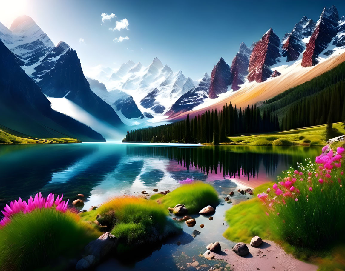 Scenic landscape with blue lake, snow-capped mountains, wildflowers, and blue sky.