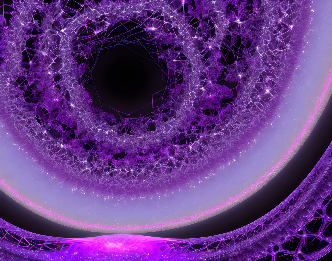 Colorful fractal with intricate spiral patterns in purple and pink on dark backdrop