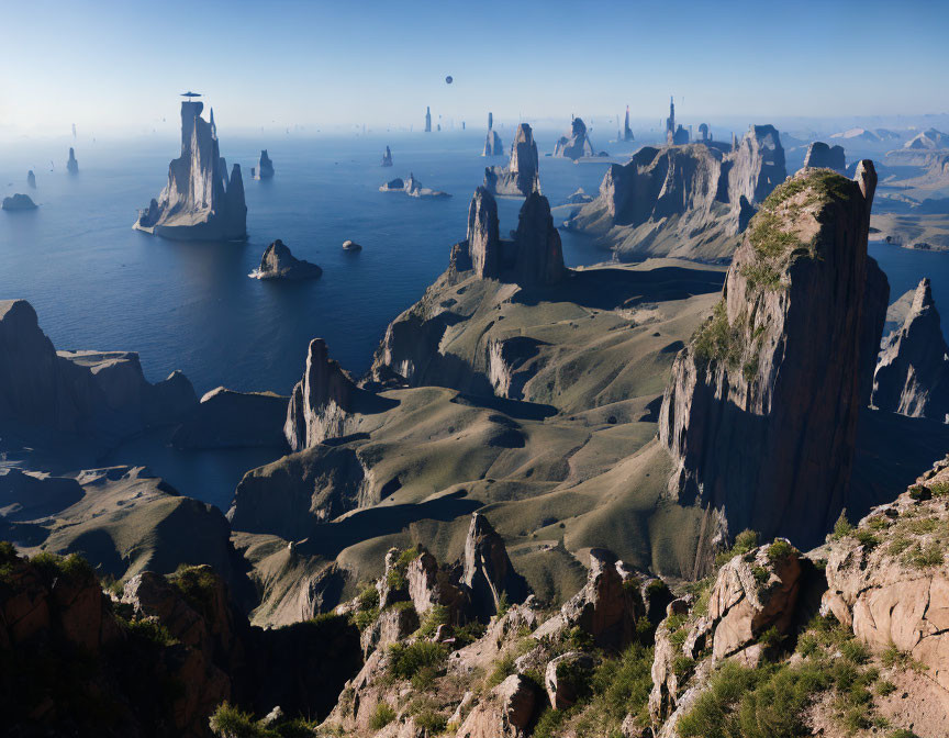 Dramatic landscape with towering rock formations and river in valley