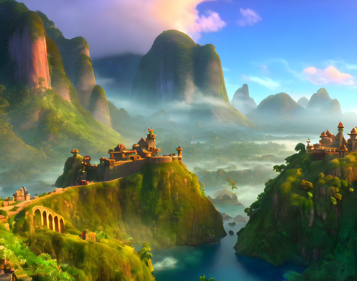 Lush green mountains, waterfalls, misty valleys, and oriental castles in warm sunlight