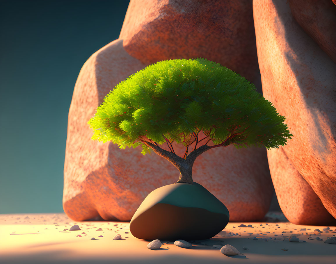 Vibrant green tree on dark rock in sandy landscape